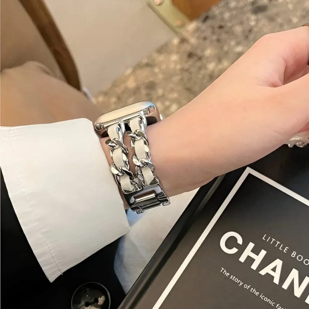 Apple Watch Band Luxury Adjustable Stylish Strap Silver Stainless Chain White
